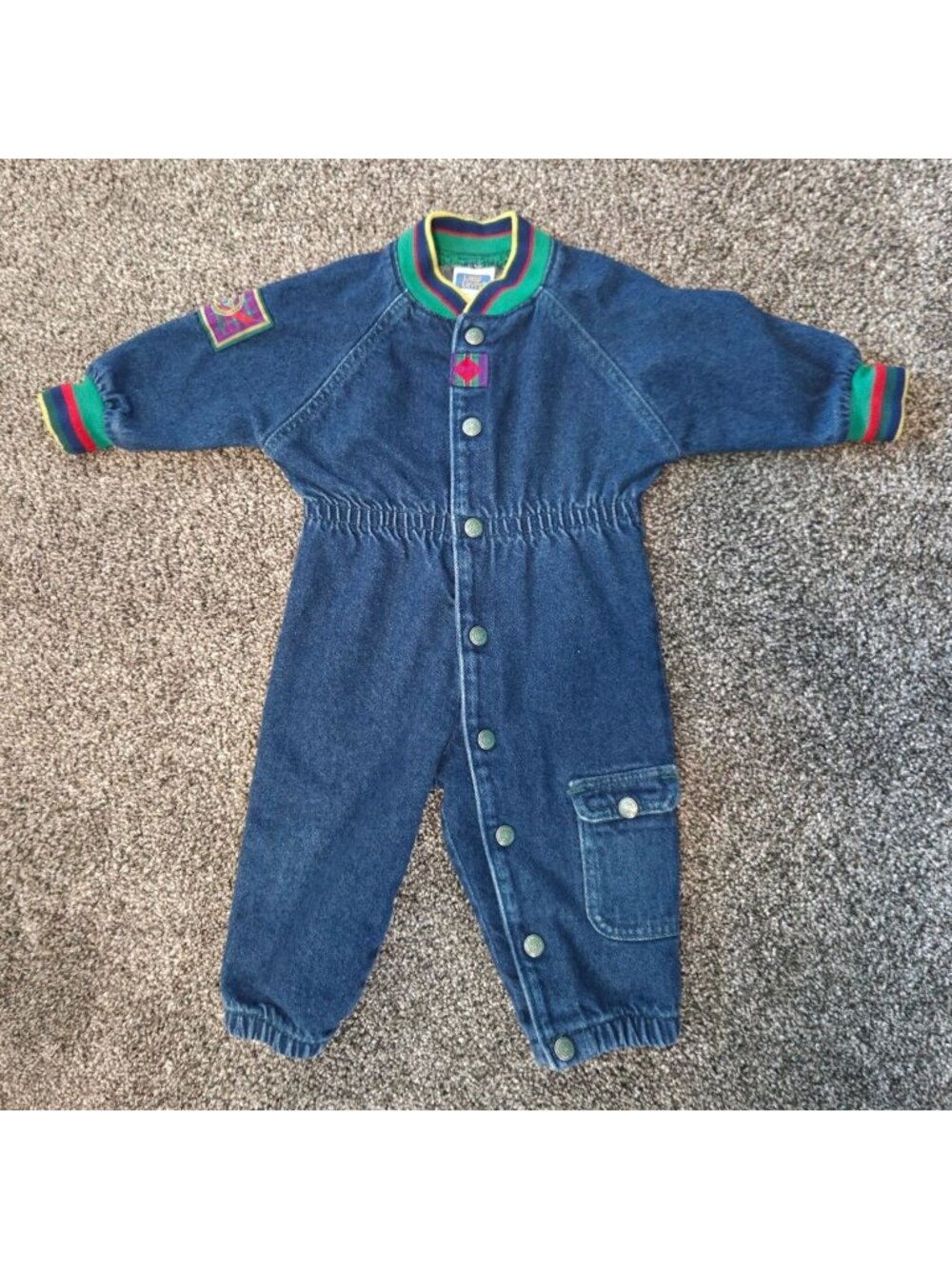 Vintage Levis Baby Denim Jumpsuit 18M Button-Up Colorful Trim Made In USA 1999